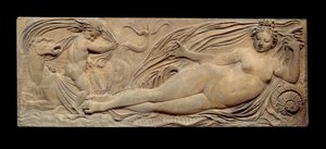 Nymfe og lille genie rider på en marinehest; Nymfe og Triton omgivet af to små ånder. Lav lindring. Stenskulptur af Jean Goujon (1510-1567)