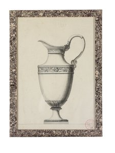 Design til ewer med et græsk maskehåndtag (sort bly, pen og sort blæk, grå og sort vask på papir)