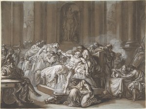 The Death of Seneca (pen & sort blæk, pensel og brun vask, forhøjet med hvid gouache på blåt papir)