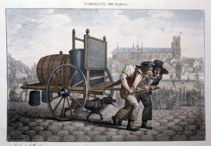 Tidligere gademetier i Paris: bad derhjemme (to mænd trækker en vogn med en tønde fyldt med vand). Indgravering af Jean Henry Marlet (1771-1847) i "" Les Tableaux de Paris"", serie på 72 tryk, slutningen af det 19. århundrede.