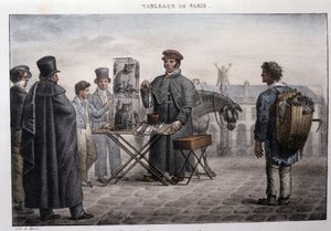 Tidligere gademetier i Paris: rottedødshandleren (camelot). Indgravering af Jean Henri Market (1771-1847) i "" Les Tableaux de Paris"", serie på 72 tryk, slutningen af det 19. århundrede.