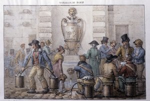 Tidligere gademetier i Paris: vandbeholder foran et springvand. Indgravering af Jean Henry Marlet (1771-1847) i "" Les Tableaux de Paris"", serie på 72 tryk, slutningen af det 19. århundrede. af Jean Henri Marlet