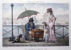 Gammelt gadebillede i Paris: blind tigger på kunstens bro. Indgravering af Jean Henry Marlet (1771-1847) i "" Les Tableaux de Paris"", serie på 72 tryk, slutningen af det 19. århundrede.