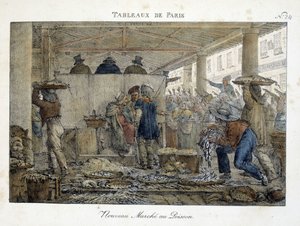 Det nye fiskemarked i Paris - litografi af Brocas af Jean Henri Marlet