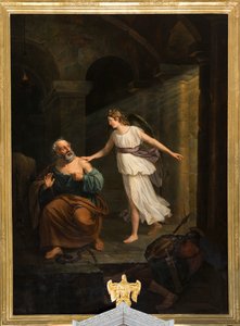 Sognekirke (Nederbrakel, Sognekirke Sint-Pieter-in-de-Banden). Interiør. maleri. "Sankt Peter befriet af englen og Thomas". Jean-Henri DeCoene. Omkring 1835. af Jean Henri de Coene