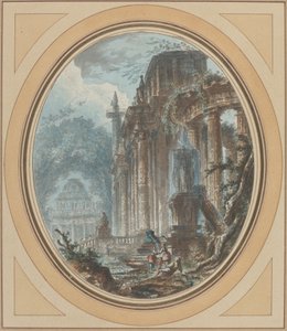 Have Capriccio med antikke ruiner af Jean Henry Alexandre Pernet