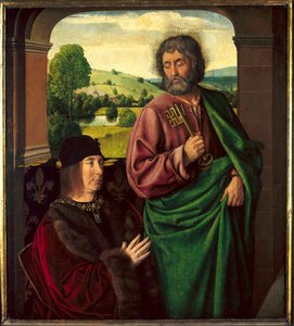 Portræt af Pierre II de Beaujeu, hertug af Bourbon (1439-1505) Præsenteret af Saint Pierre Maleri af Maitre de Moulins eller Jean Hey (1450-1505). Søn 0,73 X 0,65 m