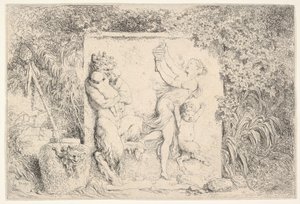 Et basrelief, der forestiller en satyr til venstre med to spædbørn, en anden barnesatyr til højre..., 1763. af Jean Honore Fragonard