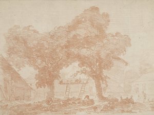 Gårdgård med to træer, med stiger imellem af Jean Honore Fragonard