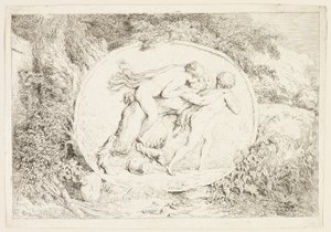Nymfe ridende på en satyrs ryg, fra Bacchanales, eller Satyrernes lege af Jean Honore Fragonard