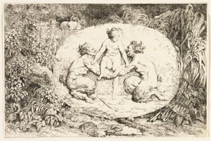 Nymfe siddende på to satyrers hænder fra Bacchanales, eller Satyrernes lege af Jean Honore Fragonard