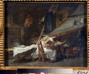 ""Pres du poele"" (Ved komfuret) Scene i et køkken, nær komfuret, ser kokke tilberedningen af ​​en ret i en gryde. Maleri af Jean Honore Fragonard (1732-1806). Olie på lærred. Rokoko. Pushkin Museum, Moskva af Jean Honore Fragonard
