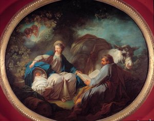 Hvil under flyveturen til Egypten Den hellige familie hviler under rejsen. Maleri af Jean Honore Fragonard (1732-1806) 1700-tallets privatsamling af Jean Honore Fragonard