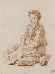 Lille pige sidder på jorden (rødt kridt på papir) af Jean Honore Fragonard