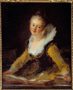 Undersøgelse. En kvinde har sit kontor til at bladre i bøger for at lære. Maleri af Jean Honore Fragonard (1732-1806) af Jean Honore Fragonard