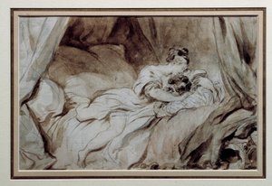 Det lykkelige øjeblik Et par, der strøg hinanden i en seng. Tegning i Bistre Wash af Jean Honore Fragonard (1732-1806) 1700-tallets privatsamling af Jean Honore Fragonard