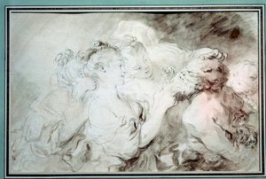 Unge piger, der kæmper med en satyr Unge kvinder, der hygger sig med et satyrskæg. Tegning i Bistre Wash af Jean Honore Fragonard (1732-1806) 1700-tallets privatsamling af Jean Honore Fragonard