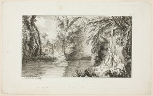 Landskab med en vandrer og en kaskade, planche 5 fra den anden suite Livre de paysages (Landskabsbogen) af Jean Hoüel