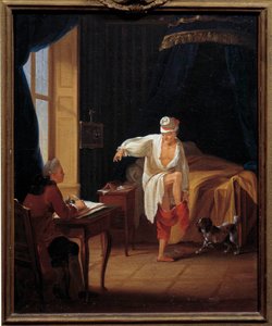 Forfatteren og filosoffen Voltaire (1694-1778) dikterer sin sekretær Collini et Ferney-maleri af Jean Huber (1721-1786) 1700-tallets søn. 0,37 x 0,31 m Paris Musee Carnavalet