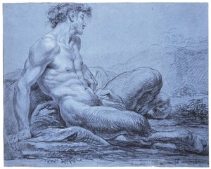 En siddende faun, ca. 1755-57 (sort-hvidt kridt på blåt lagt papir) af Jean II Restout