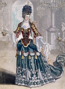 Portræt af Mademoiselle Desmatins (1682-1708), musiker ved Operaen, gravering af Jean Berain