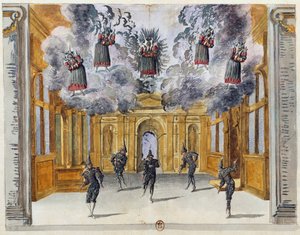 Scenografi af Jean Berain den Ældre (1640-1711) til Le feste di Amore e di Bacco (Kærlighedens fejringer og Bacchus), ballet af Jean-Baptiste Lully (1632-1687), opført i Palais-Royal i Paris, 15. november