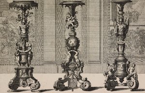 Store bronze lysestager, gravering af Jean Berain (1640-1711) fra L