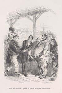 Alle vælgere, store som små, samles for ydmygt at lokke hinanden... fra den lille elendighed af..., 1843. af Jean Ignace Isidore Gérard