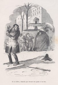 Han rejser sig, dækket fra top til tå af sne. fra Menneskelivets små elendighed, 1843.