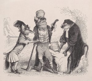 Ulven bønfalder mod Ræven foran Aben, ca. 1838.
