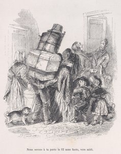 Vi står uden fejl ved din dør ved middagstid. fra Menneskelivets små elendighed, 1843. af Jean Ignace Isidore Gérard