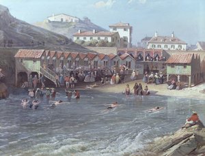 Begyndelsen af havsvømning i den gamle havn i Biarritz, 1858 olie på lærred detalje fra 175215 af Jean Jacques Alban de Lesgallery