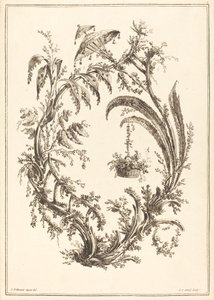 Ornament med parasol og hængende kurv af Jean Jacques Avril I after Jean Baptiste Pillement
