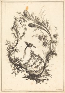 Ornament med en påfugl af Jean Jacques Avril I after Jean Baptiste Pillement