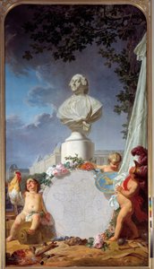 Det lærde Europa Allegorisk fremstilling af Frankrigs herlighed, busten af Ludvig XVI (1754-1793) dominerer et kort over franske besiddelser, en hane, angelots og symboler for kunst og videnskab. Maleri af Jean Jacques Bachelier (1724-1806) 1762 Versaille