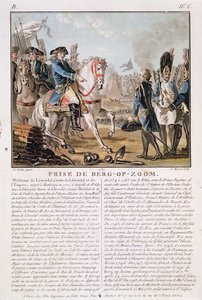The Taking of Berg-op-Zoom, Holland, 1747, indgraveret af Jean Baptiste Morret (fl.1790-1820), 1787