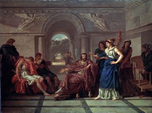 Helen genkender Telemachus, søn af Odysseus (Helen genkender Telemachus, søn af Odysseus). Scene fra græsk mytologi, i Homers Odysseen (slutningen af ​​det 8. århundrede f.Kr.). Maleri af Jean Jacques Lagrenee (1739-1821), olie på træ