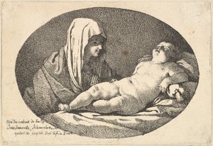 Jomfruen til venstre ser på spædbarnet Kristus mens han sover, en oval komposition, efter ..., 1760-63. af Jean Jacques Lagrenee