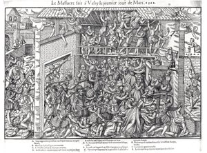 Massakren af den protestantiske befolkning udført af tropperne fra Duc de Guise i Wassy-sur-Blaise, 1. marts 1562, indgraveret af Jacques Tortorel (1568-92) af Jean Jacques Perrissin