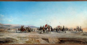 Leder efter en campingvogn af nomader og kameler i ørkenen. Maleri af Jean Joseph Bellel (1816-1898) Montpellier fra det 19. århundrede, Musee Fabre - På udkig efter en lejr. Nomadekaravaner og kameler i ørkenen. Maleri af Jean Joseph Bellel (1816-1898) af Jean Joseph Bellel