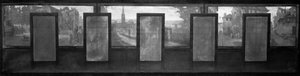 Skitse til Vanves rådhus: Vues de Vanves. Sporvogn. Place de Vanves. Sti til slottet. Rue Vieille Forge. Rue Falnet, i 1902 (olie på sort blæk på lærred) af Jean Joseph Enders