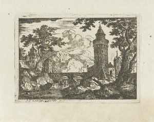 Tårn og stenbro i et bjerglandskab af Jean Joseph Hanson
