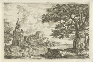 Fiskere ved en kirke ved en kyst af Jean Joseph Hanson
