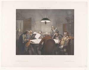 Læseskab med læsemænd ved et rundt bord Le cabinet de lecture / Læseklubben / Das Lesecabinet (titel på objekt) Museum of the Laughers (serietitel) Le musée des rieurs (serietitel på objekt) af Jean Julien Jacott