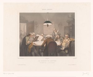 Syv mænd læser ved et bord Le cabinet de lecture / Læseklubben / Das lesecabinet (titel på objekt) Afbildninger af særlige aktiviteter (serietitel) Musée omnibus (serietitel på objekt) af Jean Julien Jacott