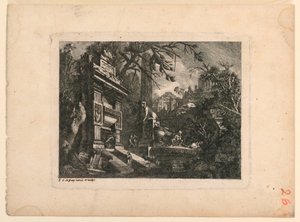 Arkitektonisk fantasi med grav og ruiner, plade fra "Giovan Inventione Ruins. Loren, Legeay Architet. Udskåret af ham selv i Luce 1768"