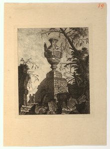 Pyramide overvundet af en monumental vase, fra "Samling af forskellige emner af vaser, grave, ruiner og springvand, nyttige for kunstnere..."