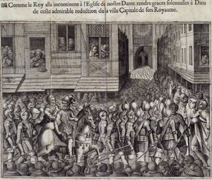 Entré af Henrik IV (1553 - 1610) i Paris den 22. marts 1594 og går til Cathedrale de Notre Dame for at deltage i messe - Indgravering af Jean Lecler, efter Bollery, Musee de Notre Dame de Paris