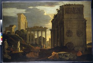 Capriccio-udsigt med figurer ved en triumfbue og templerne for Saturn og Jupiter Tonans (olie på lærred)