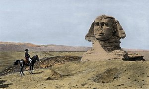 Napoleon og sfinxen - Egyptens kampagne (ekspedition) (1798-1801): Napoleon I Bonaparte (1769-1821) foran Gizehs sfinx i Egypten